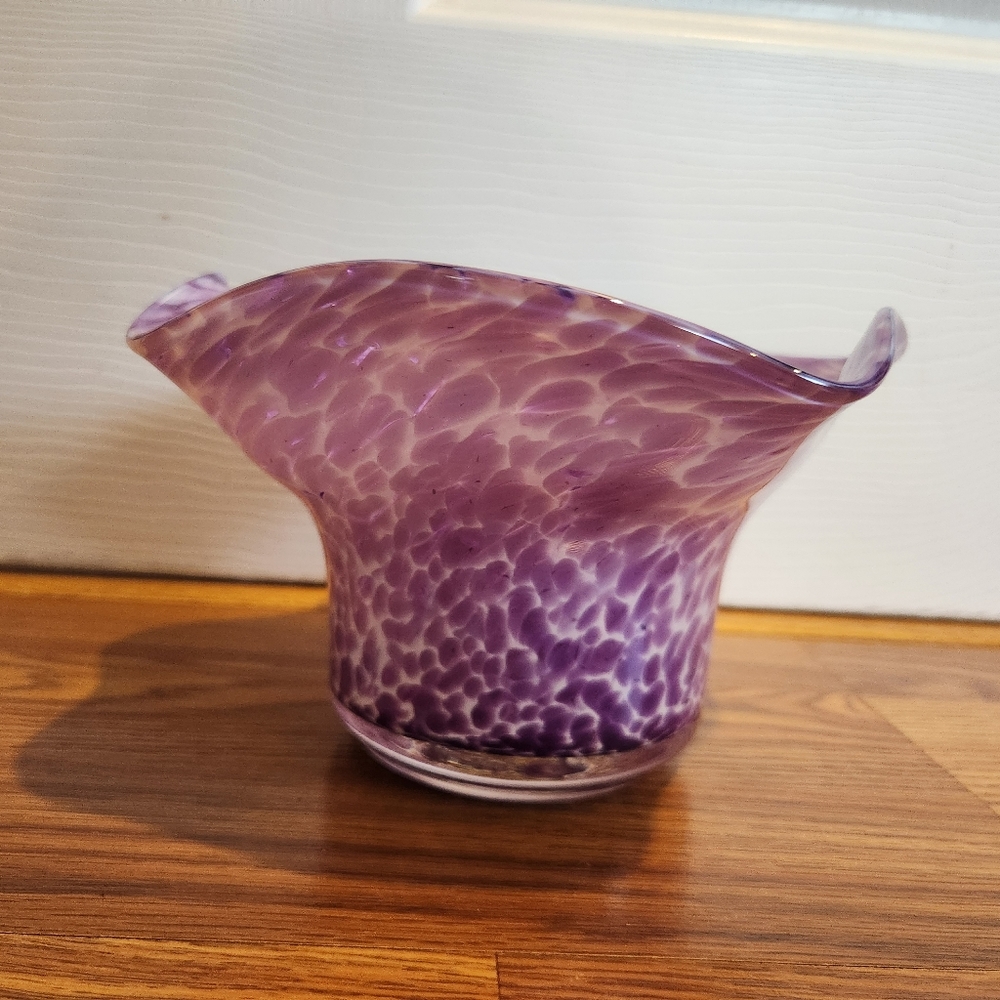 Art Glass Splatter Vase Purple Spotted Etched Art Glass with Signature on Bottom